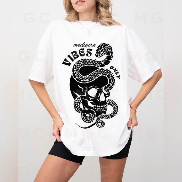 Comfort Colors Mediocre Vibes Skull and Snake Graphic Tee Shirt - Picture 5 of 10